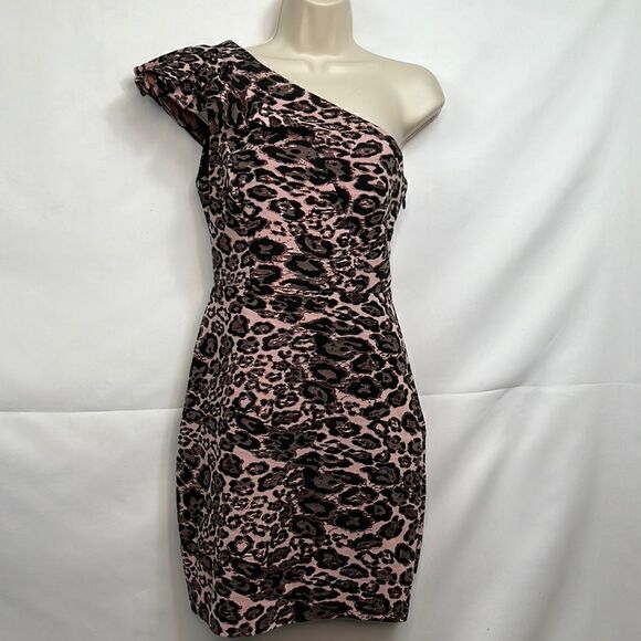 Parker Black JoJo One shoulder leopard print mini dress size 4 EUC - Picture 2 of 12